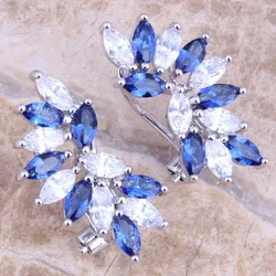 Blue Cubic Zirconia White CZ Silver Plated Clip Huggie Earrings S0238