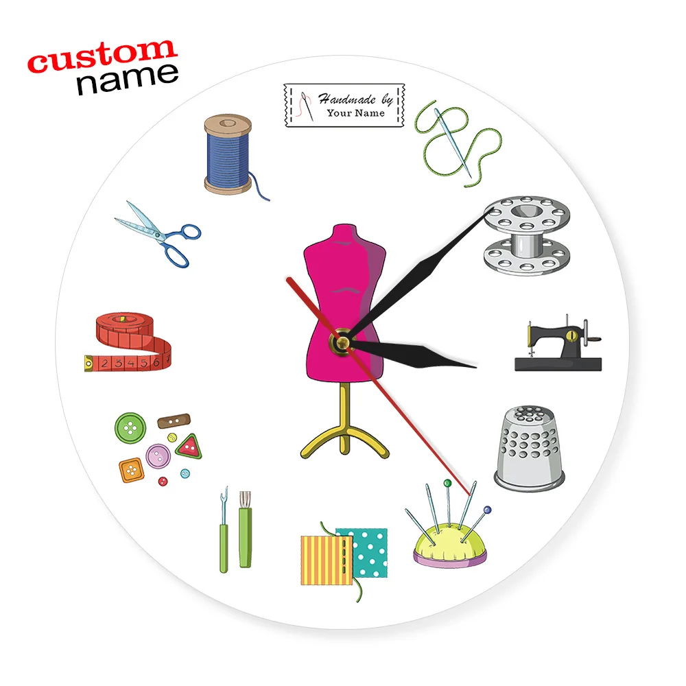 Tailor Shop Quilting and Sew Time Seamstress Modern Wall Clock Customize The Label Sewing Sign Wall Clock Personalize With Name