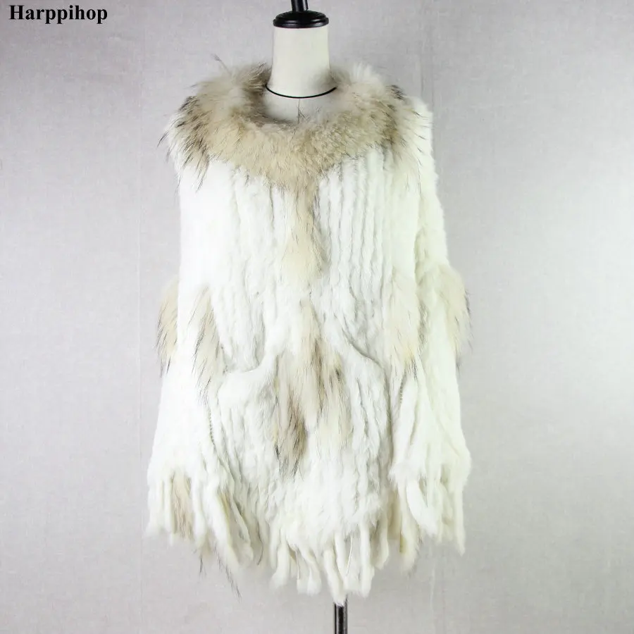 

Harppihop Real Knitted rabbit with raccoon Fur Shawl poncho stole shrug cape robe tippet wrap women's winter warm coat/outwear