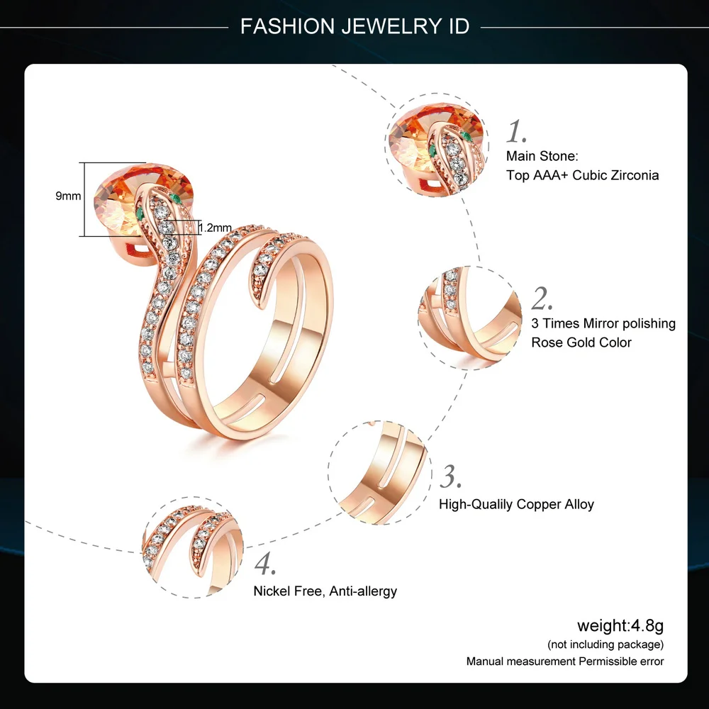 Snake Rings for Women Rose Gold Color Orange Crystals Cocktail Ring for Female Party Evening Accessories Fashion Jewelry R149