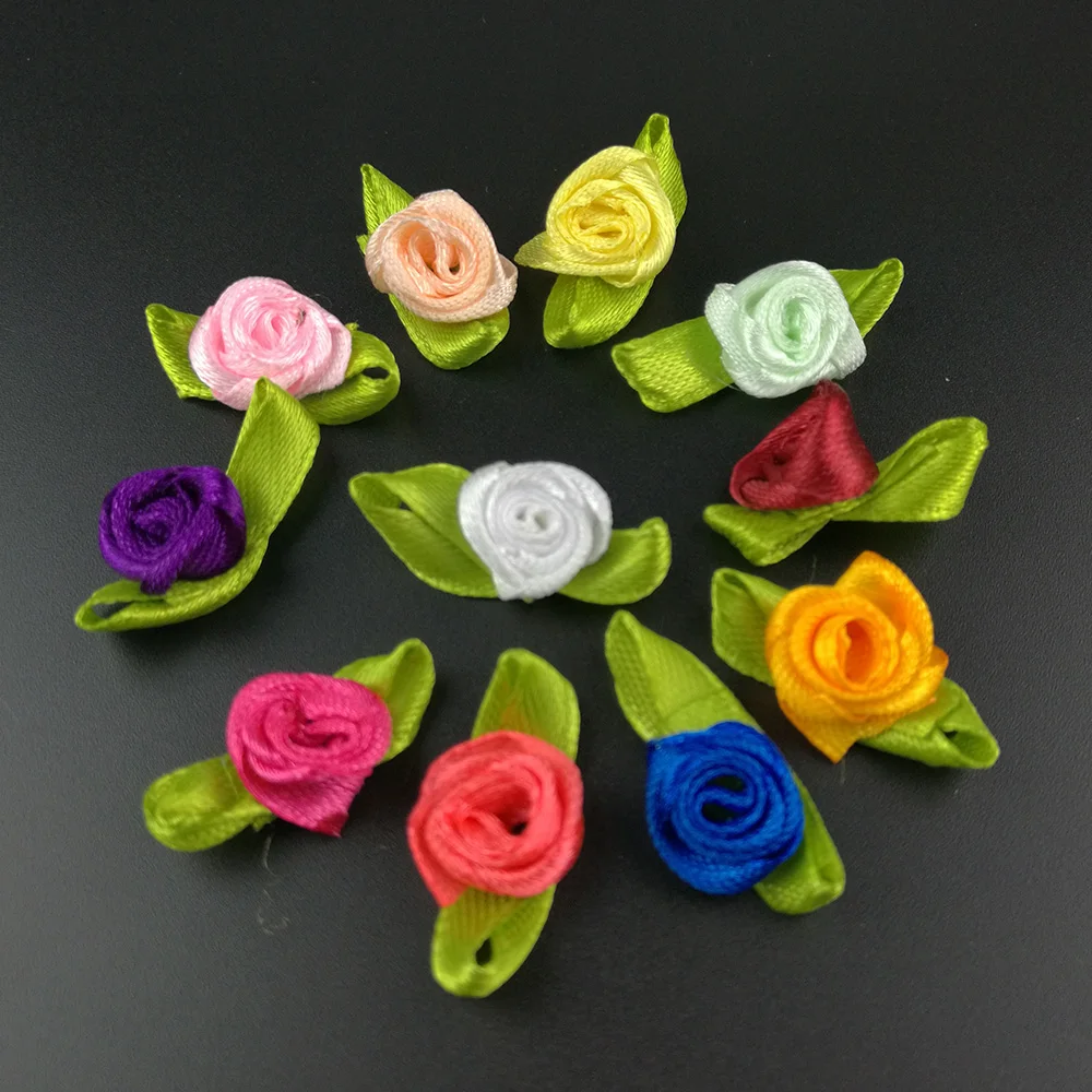 100PCS/Lot Mini Handmade Satin Rose Ribbon Rosettes Fabric Flower Bow Appliques for Wedding Decoration Craft Sewing Accessories