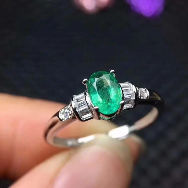 Natural emerald ring Free shipping 925 sterling silver  4*6mm gemstone Fine jewelry