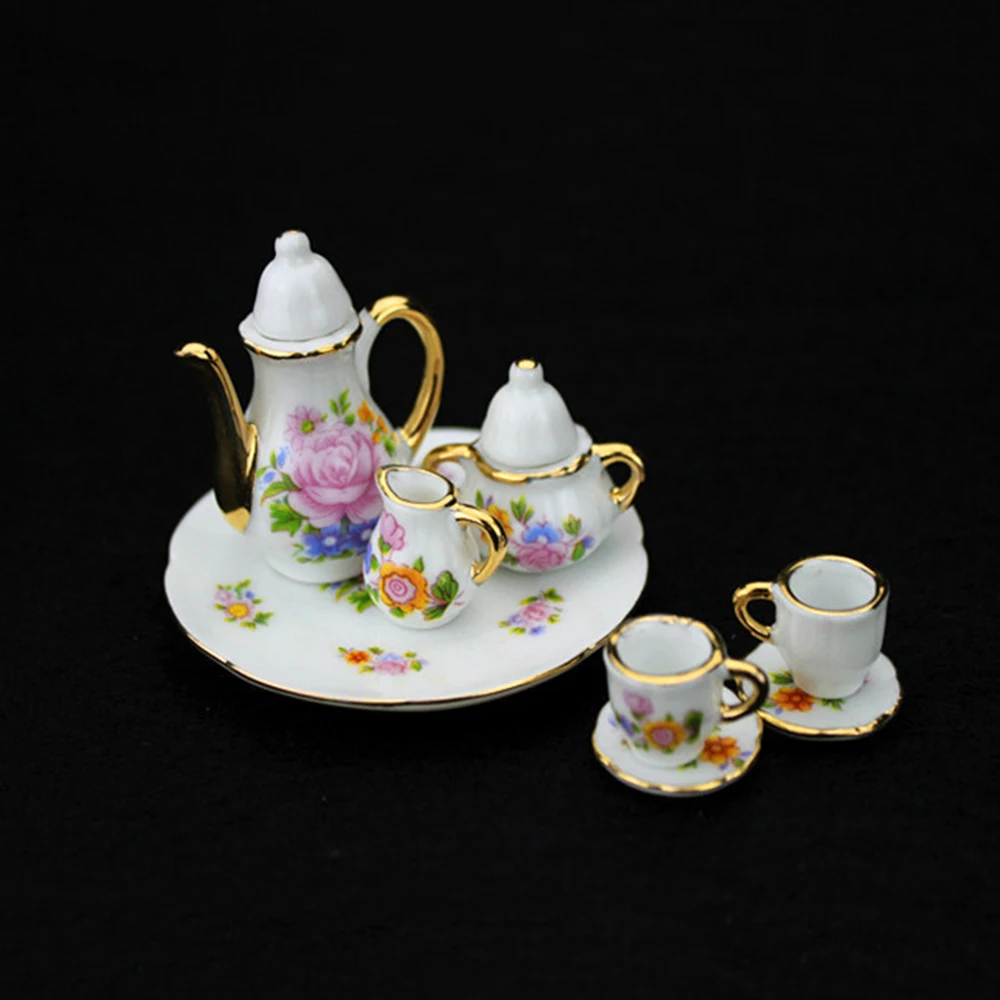 

1/12 Dollhouse Miniature Accessories Mini Ceramic Tea Set Simulation Teapot Cup Plate Model Toys for Doll House Decoration