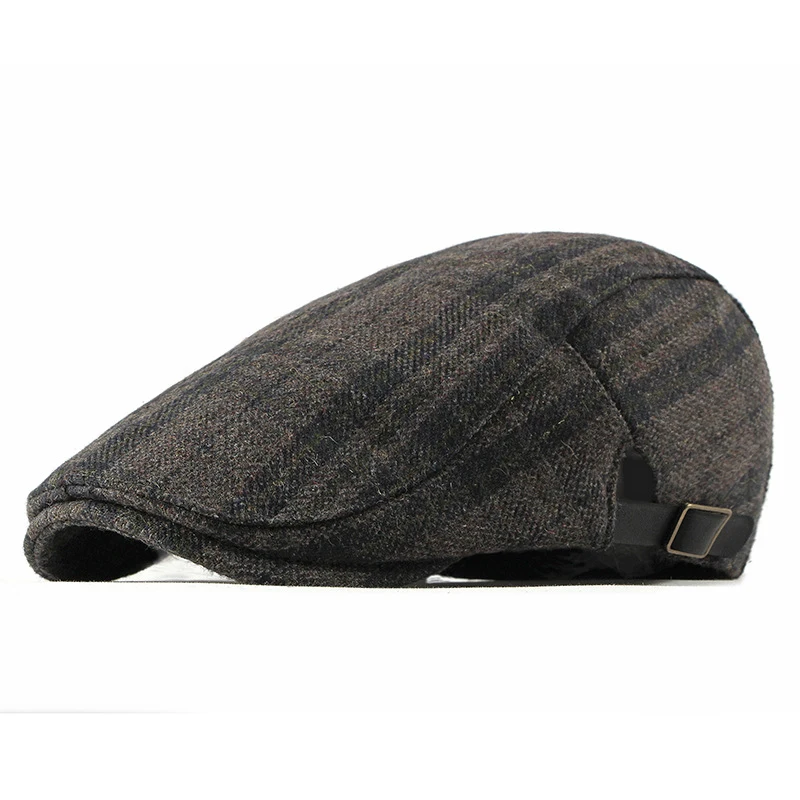 

HT1987 New Autumn Winter Wool Beret Men Women Retro Vintage Plaid Flat Cap Adjustable Duckbill Beret Cap Men Cap Hat