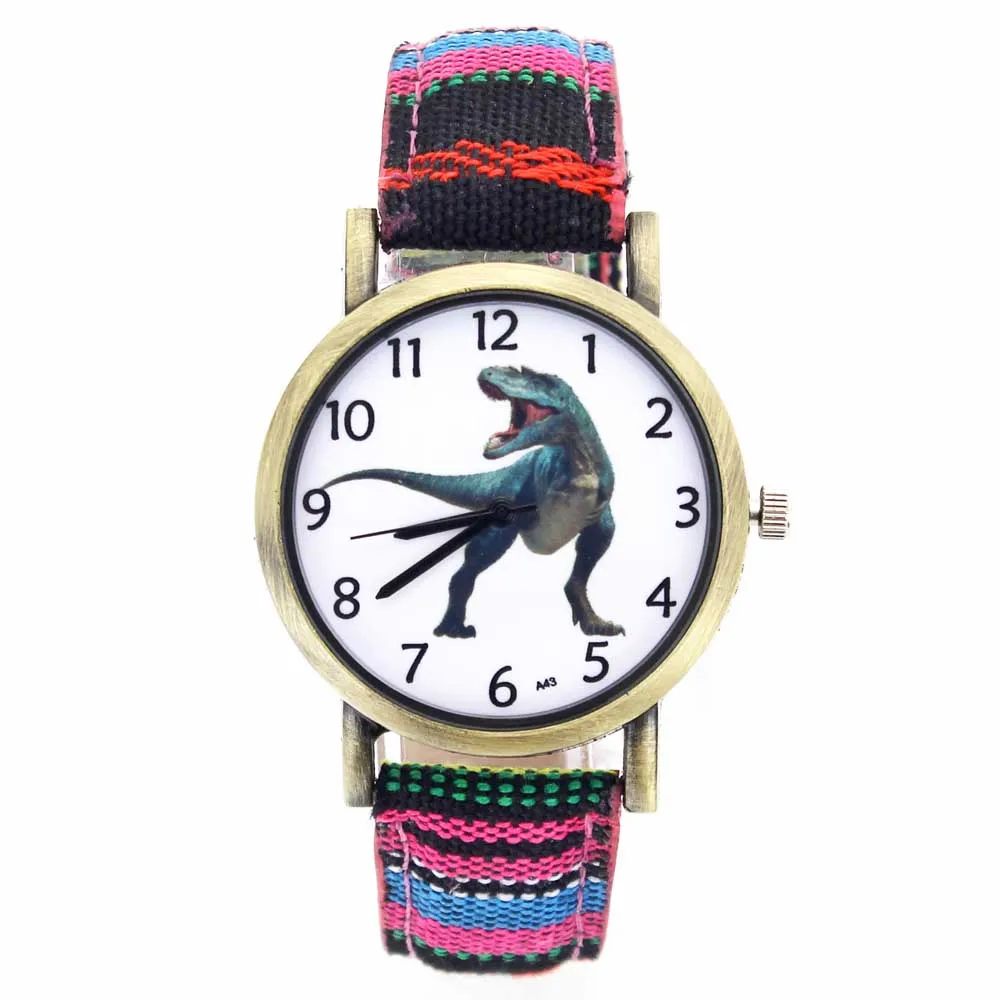 Dinosaur Jurassic Tyrannosaurus Rex Dragon Pattern Fashion Casual Men Women Canvas Cloth Strap Sport Analog Quartz Watch