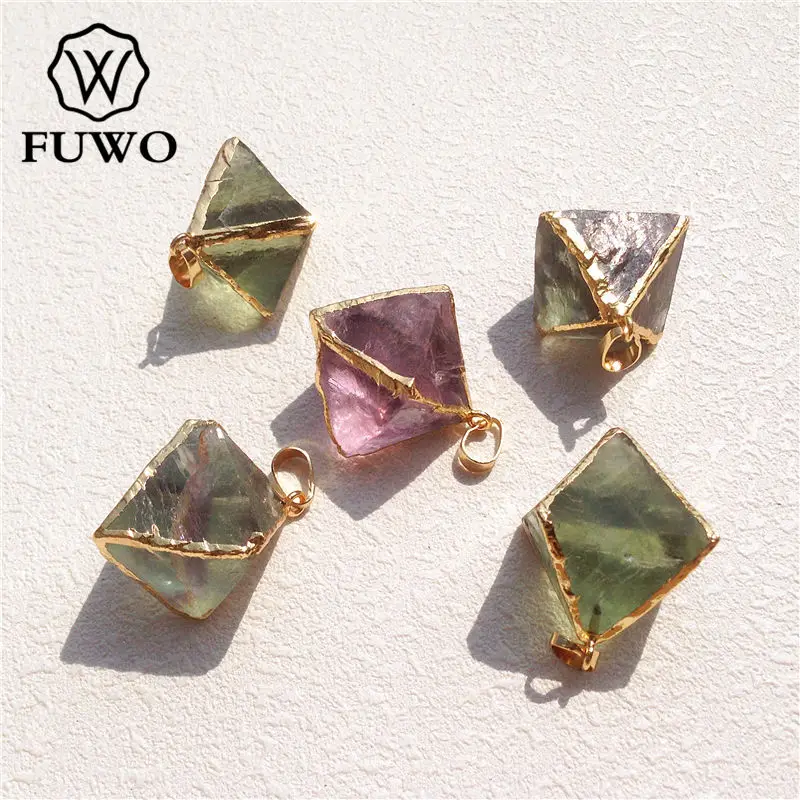 FUWO Wholesale Natural Fluorite Octahedron Pendant,Golden Plated Raw Crystal Accessories For Women Jewelry Making 5Pcs/Lot PD079