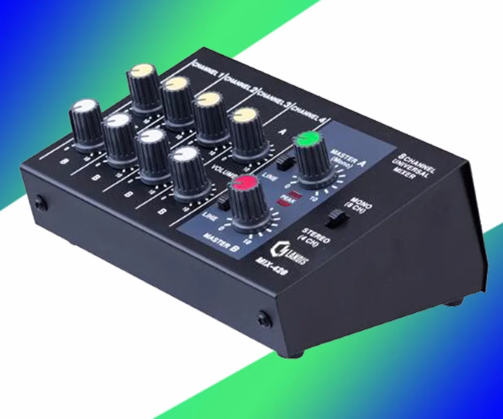 Top qualiy mixer Portable Switchable Stereo 4 & Mono 8 Channels Microphone Audio Mini Mixer Console Can be Powered By 9V Battery