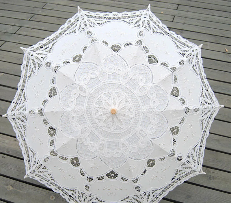 Lace Parasols Wedding Embroidery Wooden handle Sun Umbrella Radius 48cm  wooden Umbrella cotton Parasol