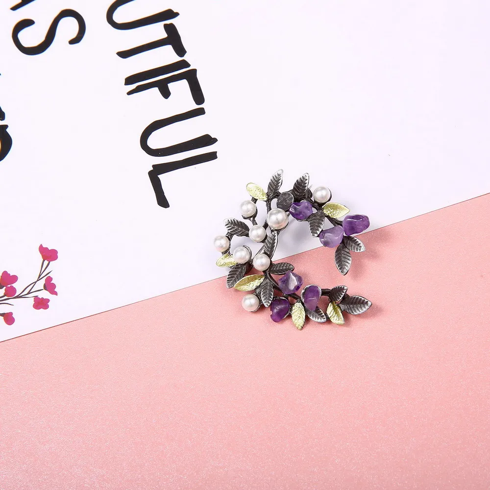 Purple Natural Stone Tree Leaf Brooches Pin Fashion Imitation Pearl Gravel Branch Women Lapel Badge Wedding Accessories Jewelry
