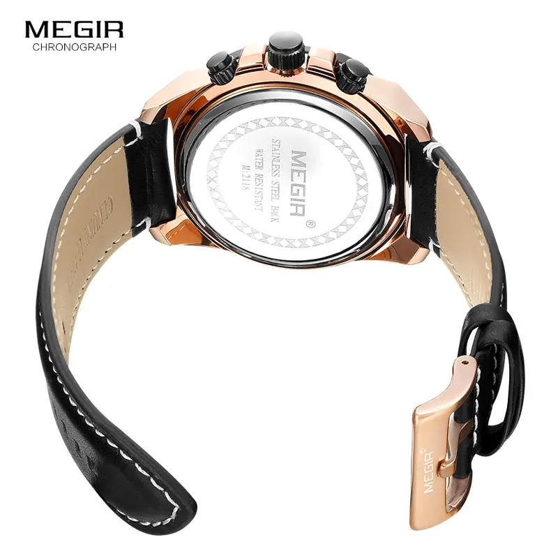 MEGIR Men\'s Quartz Watches 2019 New Luxury Top Brand Chronograph Military Sport Leather Wristwatch Man Relogios Clock 2118 Rose