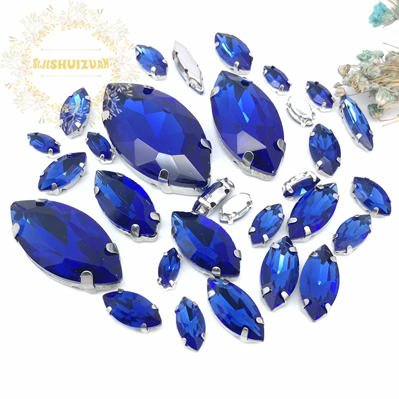 Silver Claw Setting 30pcs/Bag Sapphire Blue Horse Eye Shapes Mix Clear Gass Crystal Sew On Rhinestone Wedding Dress Shoes Bag