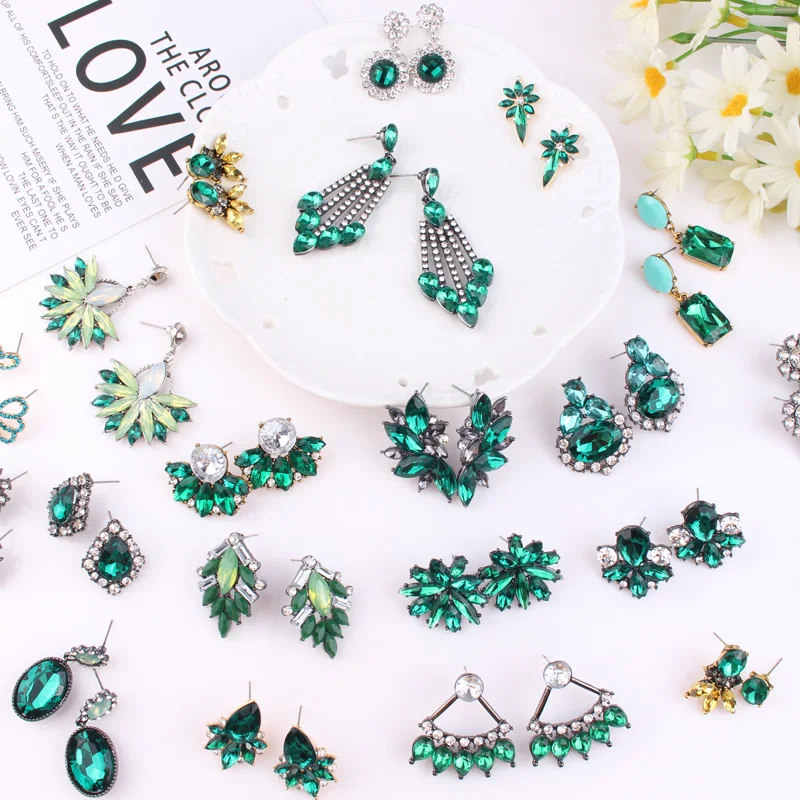 LUBOV 30 Kinds Crystal Green Stone Dangle Earrings Rhinestone Inlaid Geometric Color Metal Dangle Earrings Women Jewelry