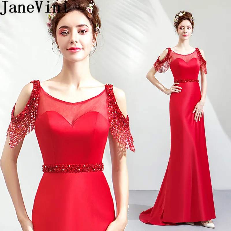 

JaneVini Luxury Beading Red Wedding Guest Dress Mermaid Long Sexy Bridesmaid Dresses Illusion Sequined Formal Party Gowns 2019