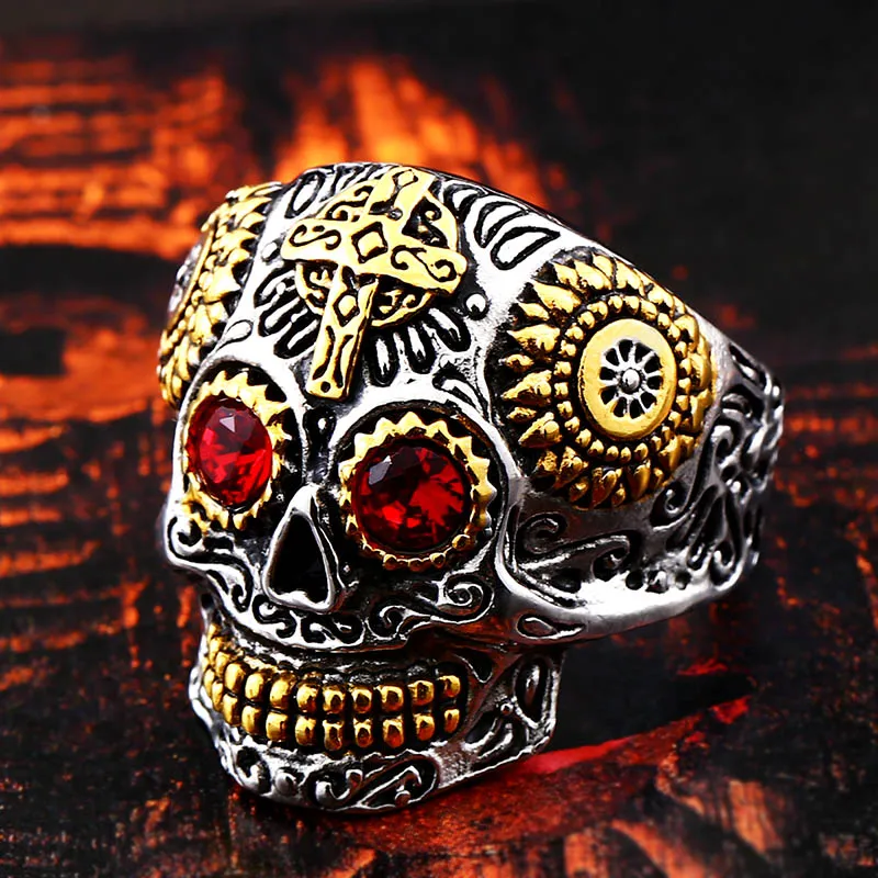 Beier 316L Stainless steel Colorful geen eyes Gothic gold Carving kapala Skull Ring Biker Hiphop rock Jewelry For man LR327