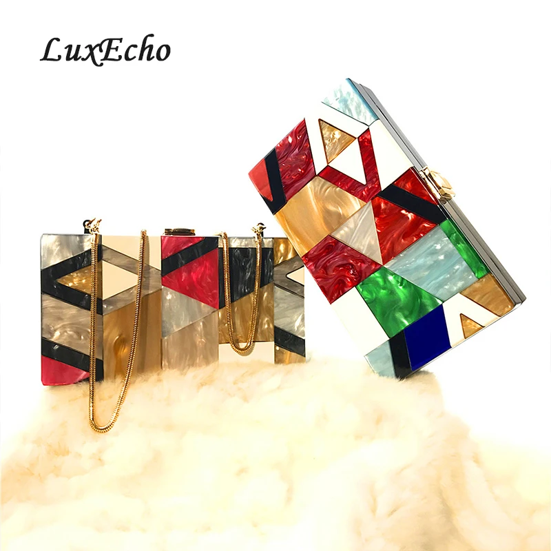 LuxEcho Acrylic fashion purse Girl's Day Clutches Evening bags Party Chains Shoulderbags block color square bags