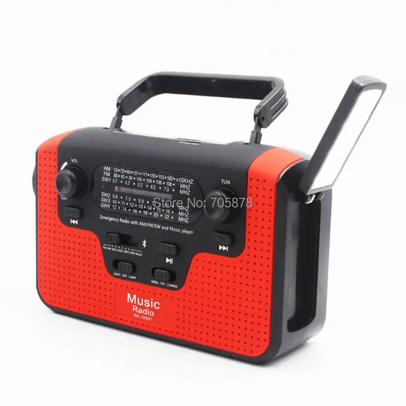 

Multifuctional Dynamo FM/AM/SW1-SW4 (TF Card) Radio Hand Crank Solar Radio Bluetooth Speaker USB Phone Charger LED Flashlight