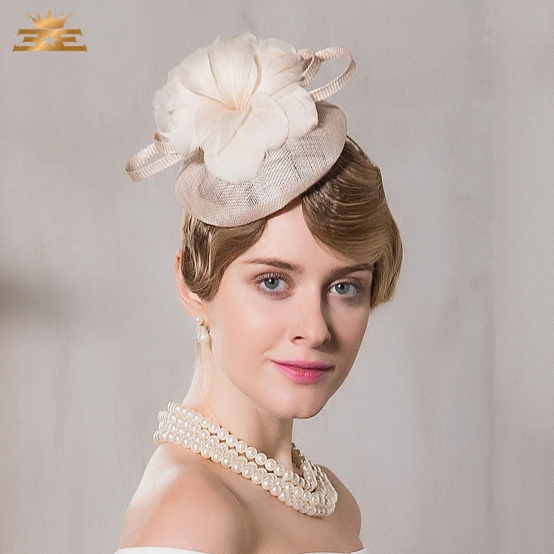 Lady New Vintage Fedoras Hat Beige White Floral Wedding Hats for Women Linen Fedora Evening Trilby Derby Hat B-8171