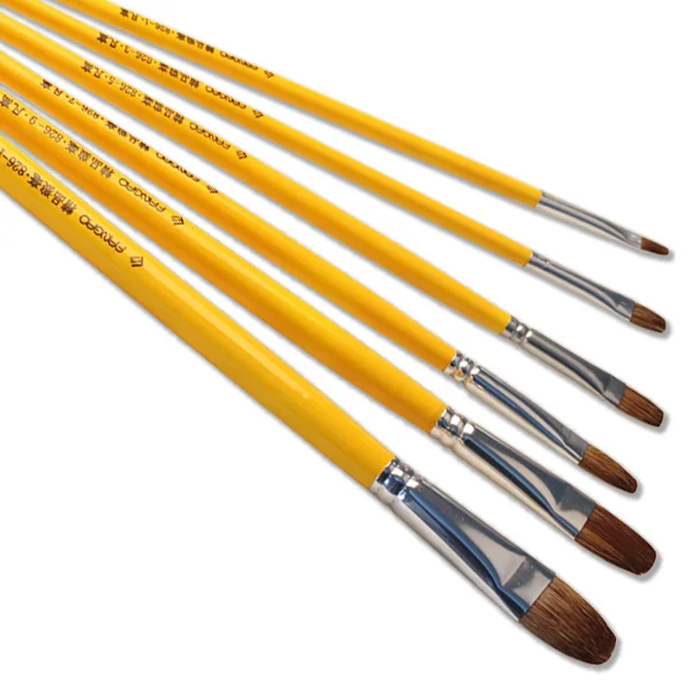 6 pieces Set yellow Wooden pole art brush of horse hair watercolor acrylic brushes for oil painting drawing art book Supplie