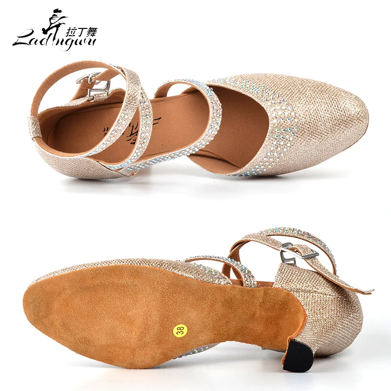 Ladingwu Golden/Silver New Flash Cloth Collocation Shine Rhinestone Ballroom Dance Competition Shoes Women Latin Dance Shoes