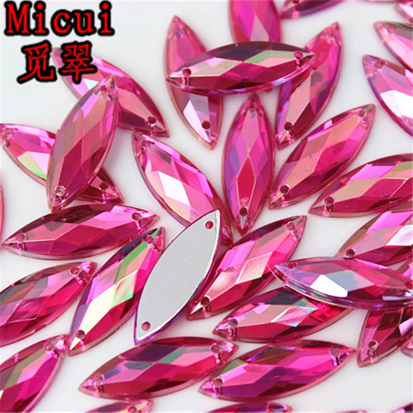 Micui 100PCS 7*21 millimetri AB Horse Eye Acrilico Strass di Cristallo della Parte Posteriore Piana Perline Cuce Sulle Pietre Per Il abbigliamento