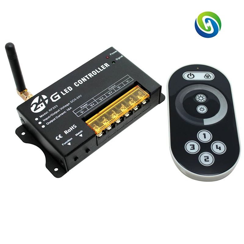 

RF203 2.4G dimmer; RF Wireless led touch controller; DC5 -24V input; Output: 1 channel; Output power: 5V<80W,12V< 192W,24V<384W