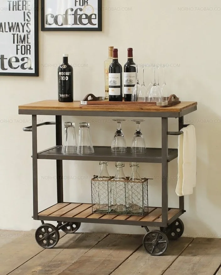 American Iron Wood diner fashion creative drinks trolley moving small diner fine dining Wine cabinet