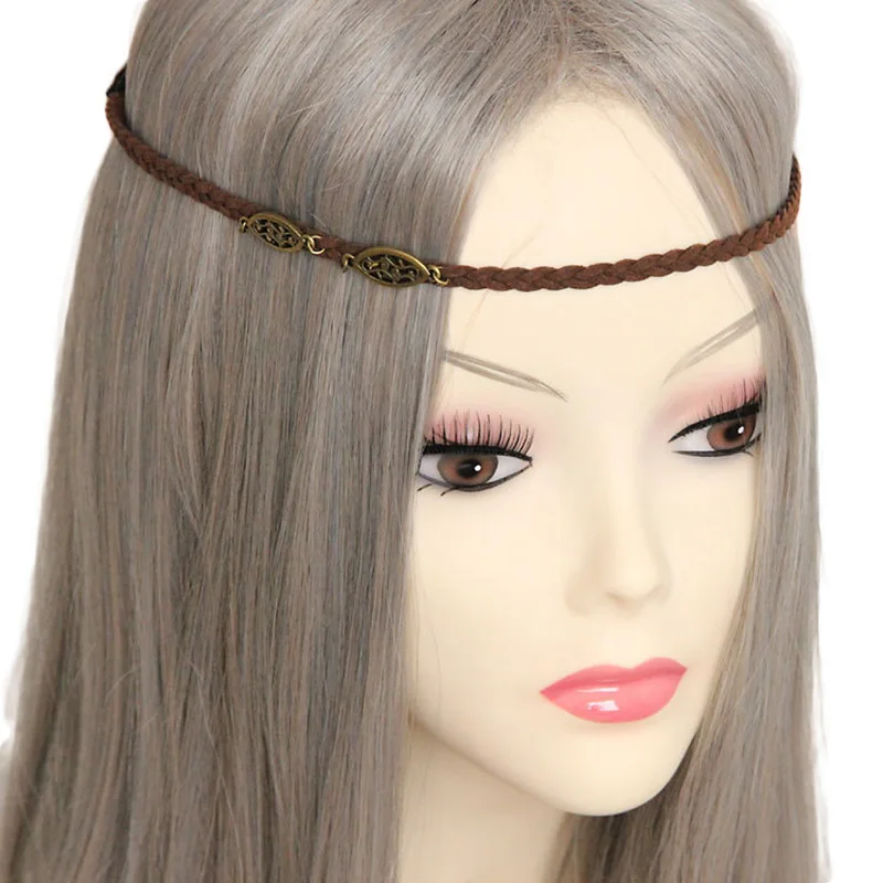 Women's Girl Ethnic Retro Handmade Floral Bronze Metal Brown Elastic Braided Hair Band Headband Hairband Strand Retro Vintage