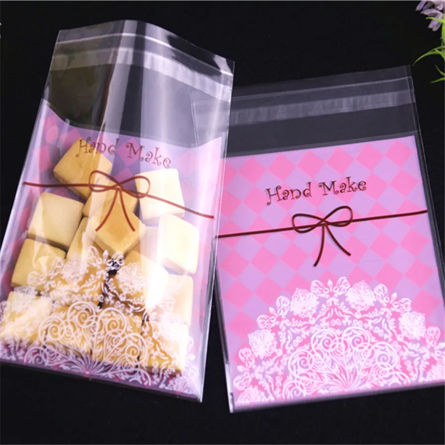 Wholesale 100pcs/lot 10x13cm Plastic Candy Packaging Wedding Favors and Gifts Packing With Bow Self Adhesive Cookies Bags