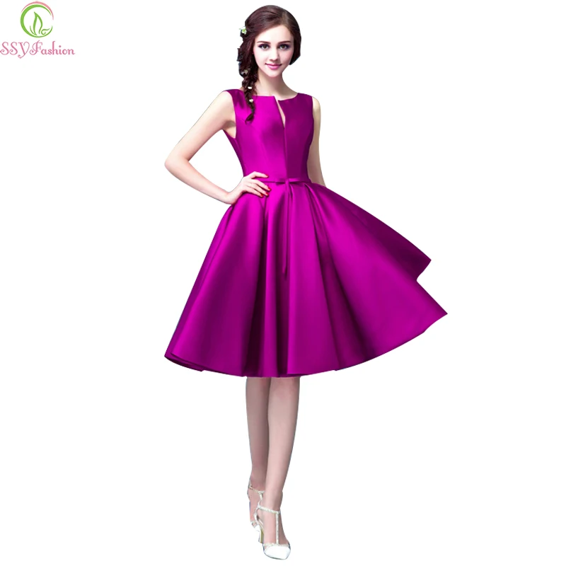 

Romantic Boat Neck Purple New SSYFashion Short Evening Dress The Fashion Style Bandage Bowknot Satin A Line Cheap Party Dress