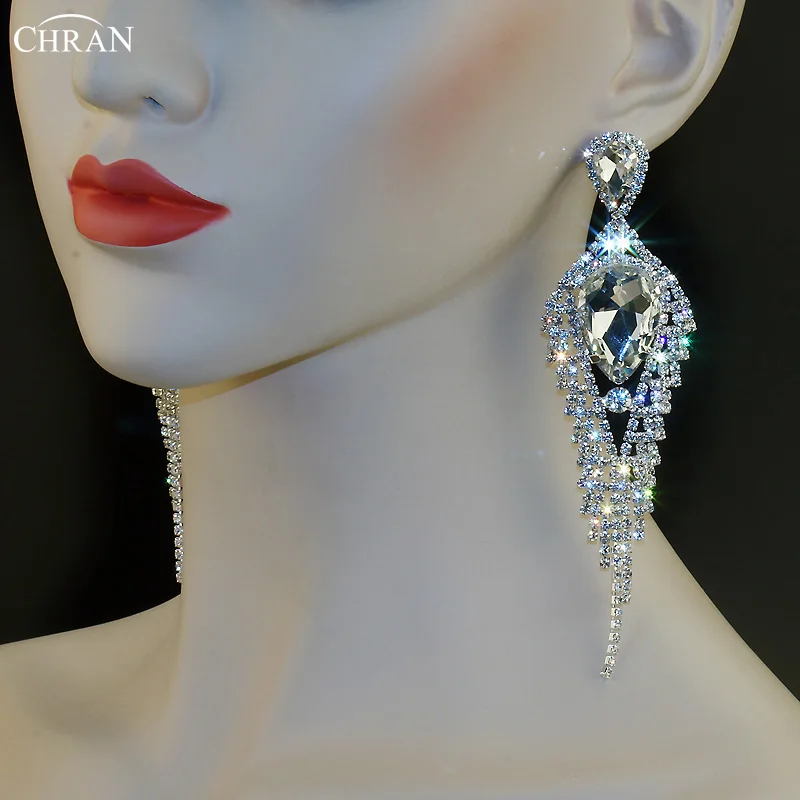 CHRAN Silver Plated Drop Crystal Dangle Party Jewelry Classic Sparkling Rhinestone Exaggerated Long Tassel Earrings for Women