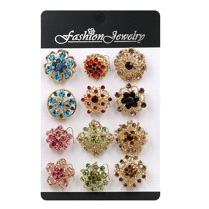 Set of 12 PCS Crystal Rhinestones Small Bejeweled Flower Alloy Pins DIY Wedding Bouquets Brooches