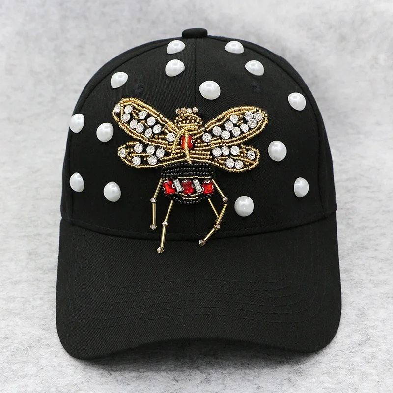 GZHILOVINGL Summer Cool Rhinestone Bees Baseball Cap Snapback Hiphop Caps Women Black Hat Pearls Washed Cotton Adjustable Sports