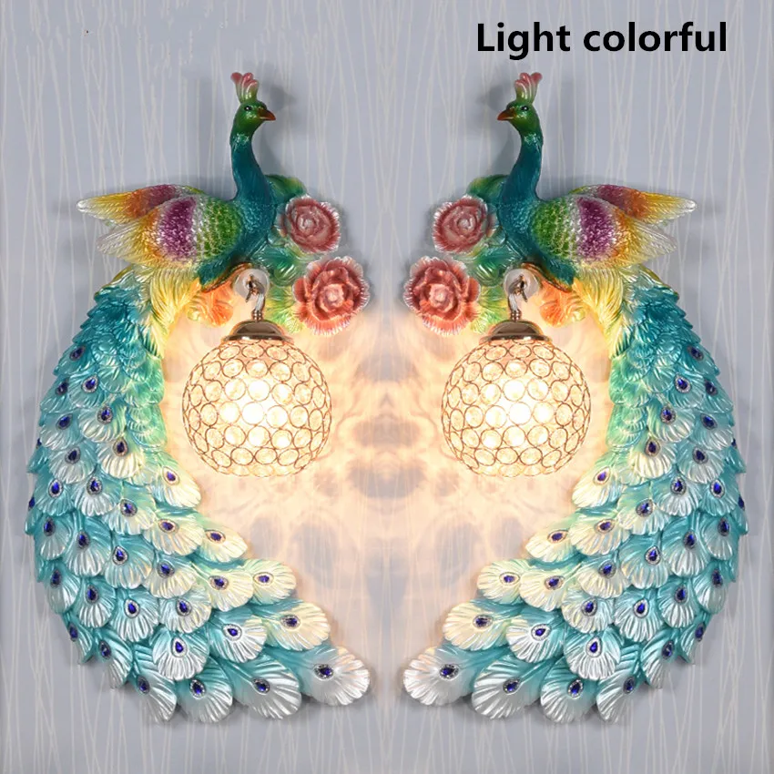 

220v European retro fashion peacock decorative wall lamp Creative living room background bedroom bedside aisle color wall light