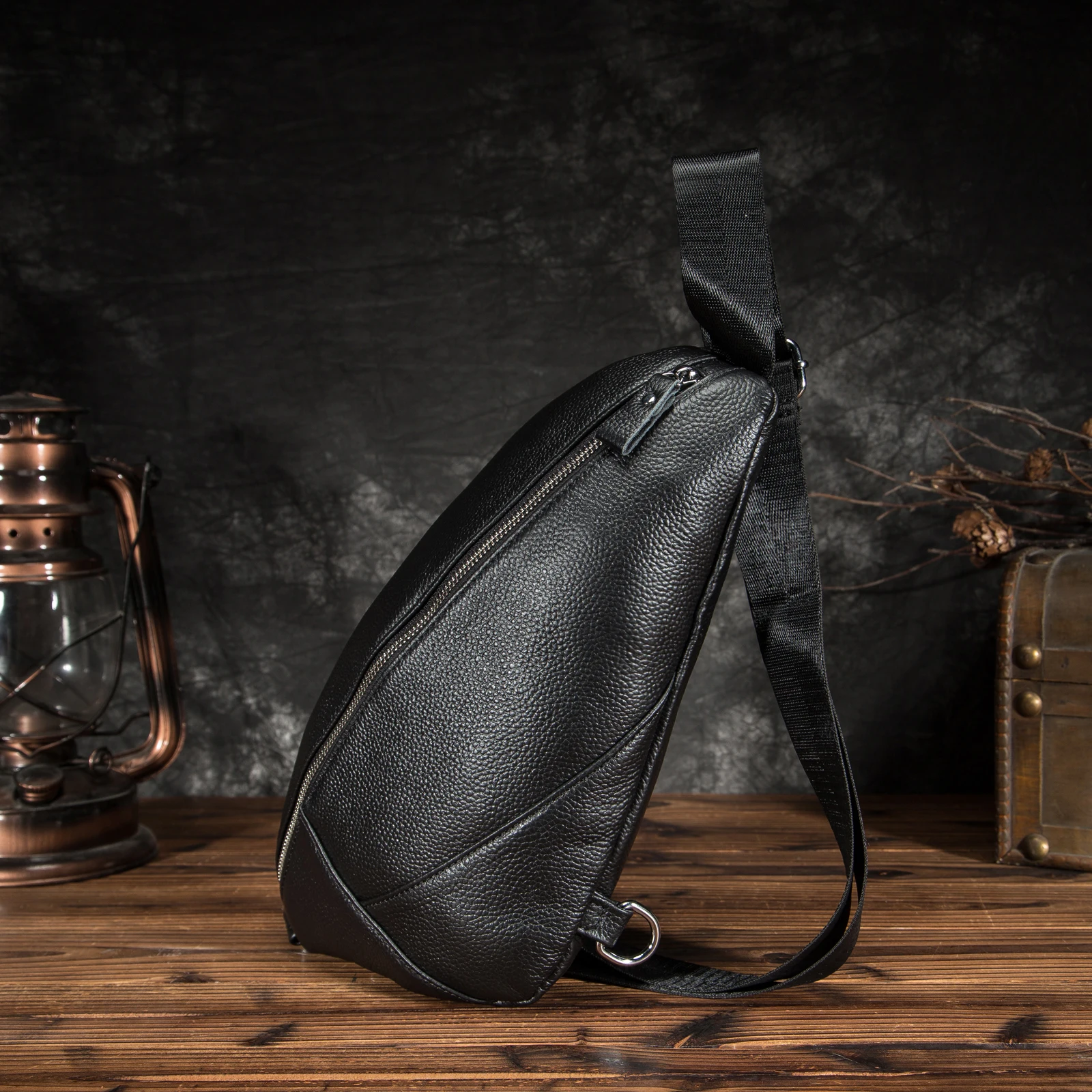 Oil Wax Leather Men Casual Fashion Travel Triangle Chest Sling Bag Black Design 7