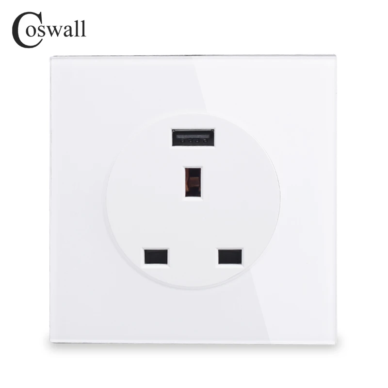 Coswall Tempered Glass Panel 13A Wall Outlet UK British Standard Power Socket With USB Fast Charging Port DC 5V 2A Black White