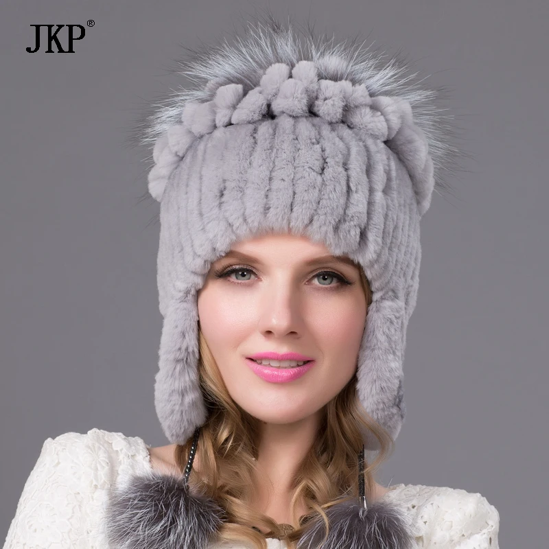 Women Natural Rex Rabbit Fur Hat Winter Warm Thick Knit Real Fox Cap Female New Ear Protection Hat Free  THY-38