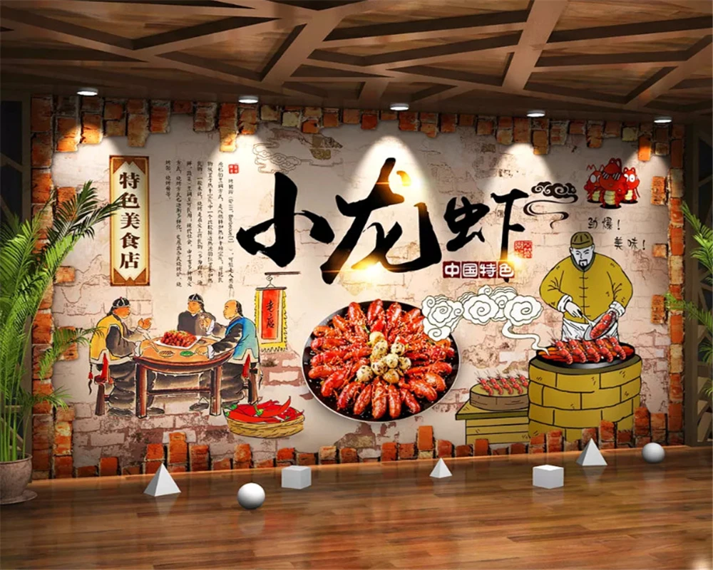 

beibehang wall paper Custom retro hand-painted creative spicy shrimp restaurant background decorative painting stereo wallpaper