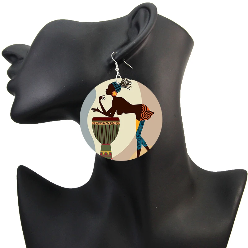 SOMESOOR Retro African Black Woman Art Wooden Drop Earrings Afrocentric Ethnic Natural Hair Double Sides Printed Wood Jewelry