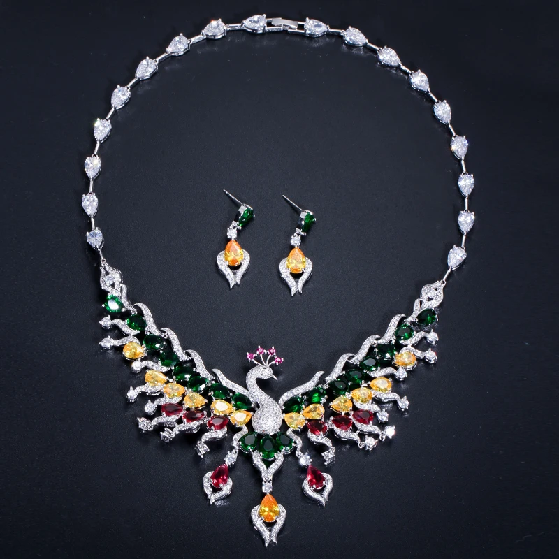 CWWZircons Luxury Multicolored Cubic Zirconia Big Peacock Choker Necklace Wedding Jewellery Set Bridal Costume Jewelry T331