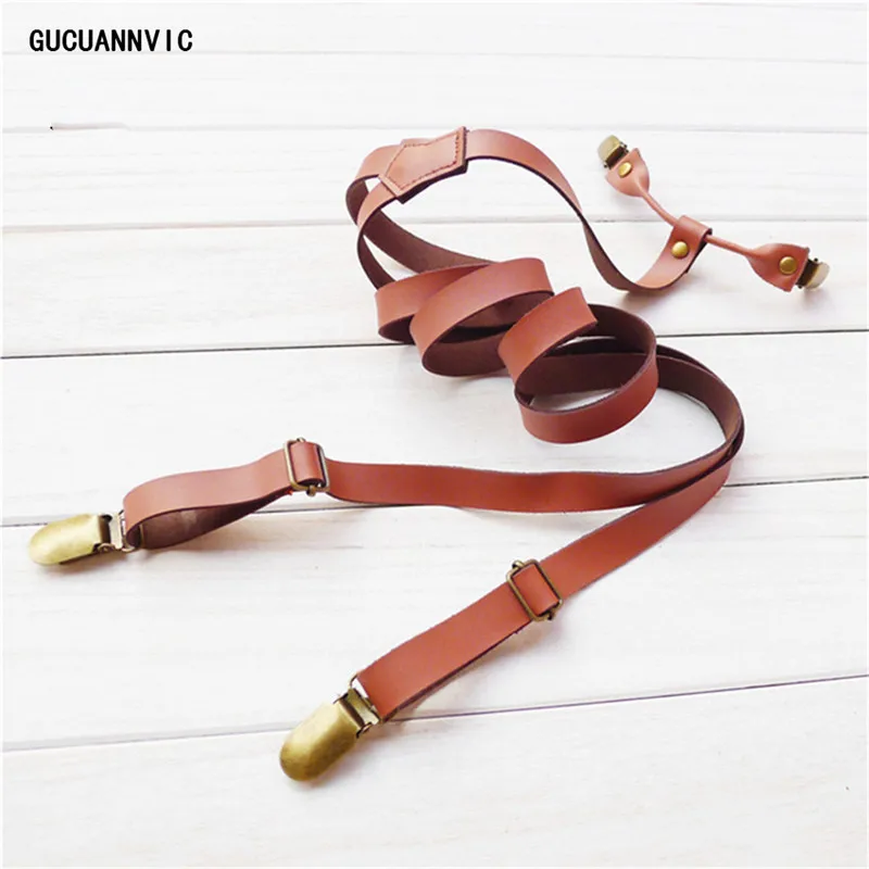 1.5* 110cm Wide PU Men's Suspenders Brown 4 Clips Adjustable Braces Suspensors For Men's Pants PU Suspenders For Men Powerful