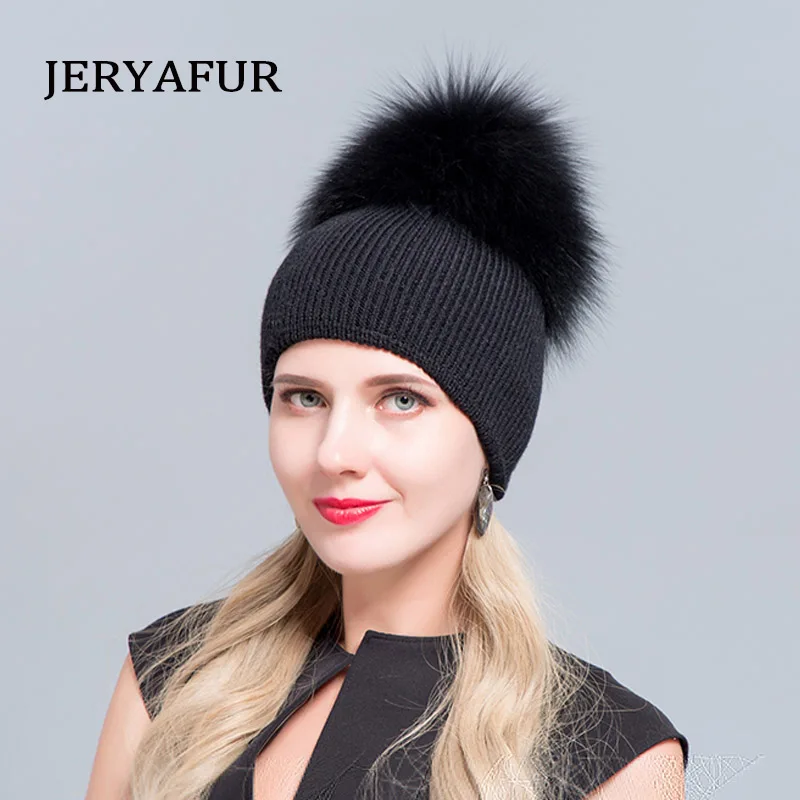 JERYAFUR Winter Woman's Ski Hat Hot-selling Style Wool Fox Fashion Leather Hat Knitted Ear Protective Double-decker Cap