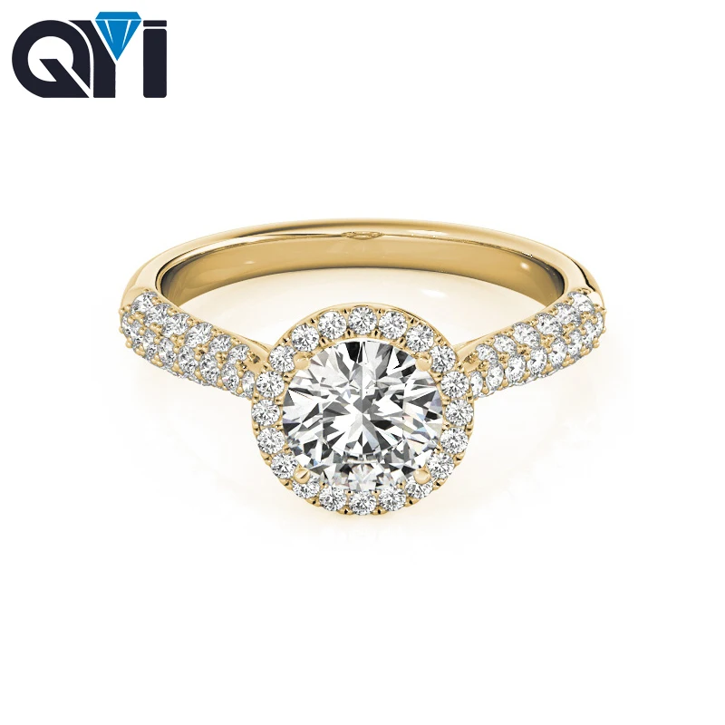 

QYI 1 карат Moissanite бриллиант 14k желтое золото Многорядное обручальное кольцо классическое Halo помолвка для женщин