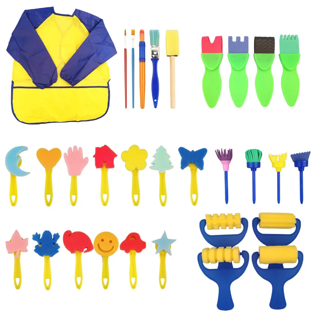 XRHYY Kid Early Learning Sponge Painting Brushes For Toddlers Long Sleeve Waterproof Apron 3 Roomy Pockets Sponge Brush Set