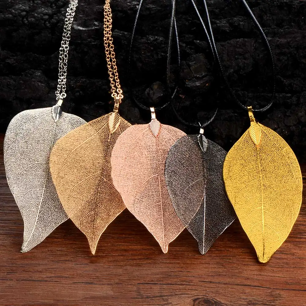 Chanfar 5 Colors Long Pendant Natural Real Leaf Necklace Sweater Alloy Leather Choker Necklace For Women Statement Jewelry