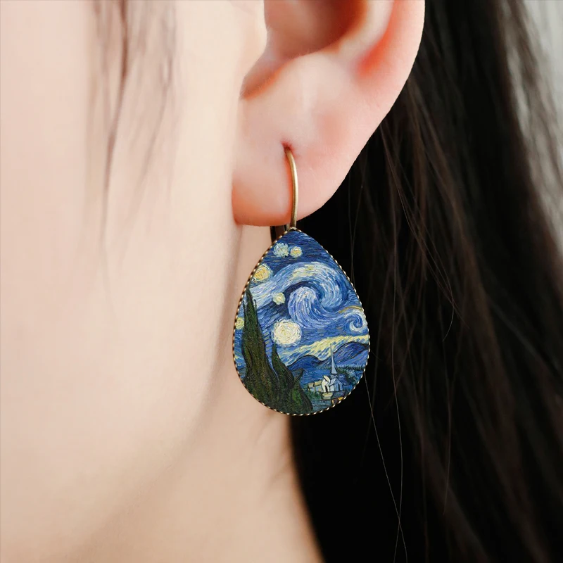 Classic Van Gogh Painting Teardrop Earrings Jewelry Gustav Klimt The Kiss Picture Glass Dome Water Drop Women Earrings