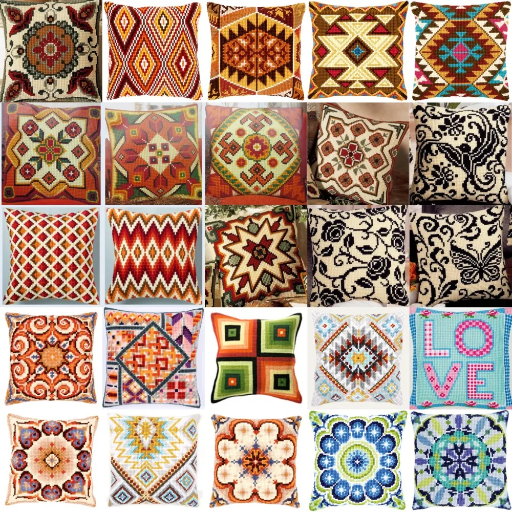 1patterns 411  DIY Needlework Kit  Acrylic Yarn Embroidery Pillow Tapestry Canvas Cushion Front Cross Stitch Pillowcase-