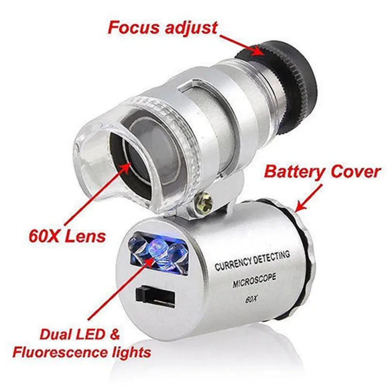 OOTDTY 60x Mini LED LED UV Jewellers Loupe Microscope Glass แว่นขยาย