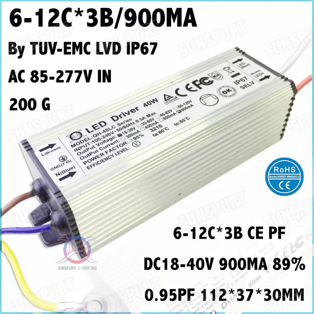 

3 Pcs TUV-CE PFC IP67 40W AC85-277V LED Driver 6-12Cx3B 900mA DC18-40V Constant Current LED Power For Ceiling Lamp Free Shipping