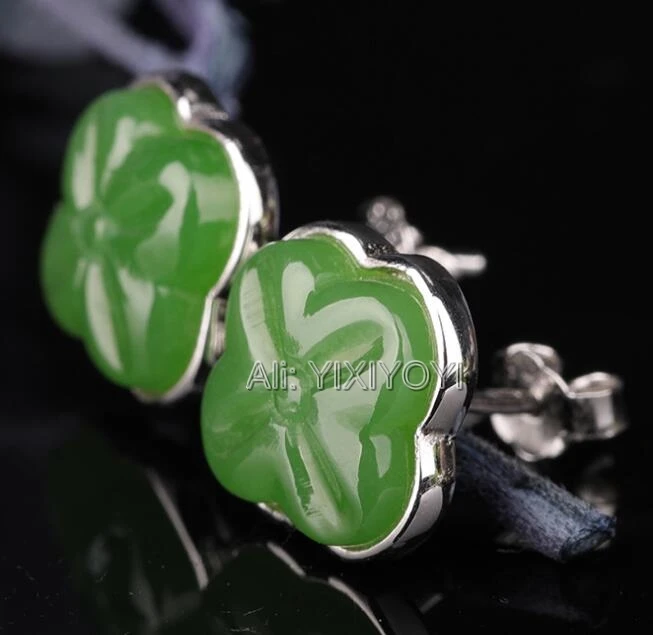 Beautiful 925 Silver Green HeTian Jade Beads Inlay Square Flower Stud Earrings Woman's Lucky Earring Ear Jewelry Certificate