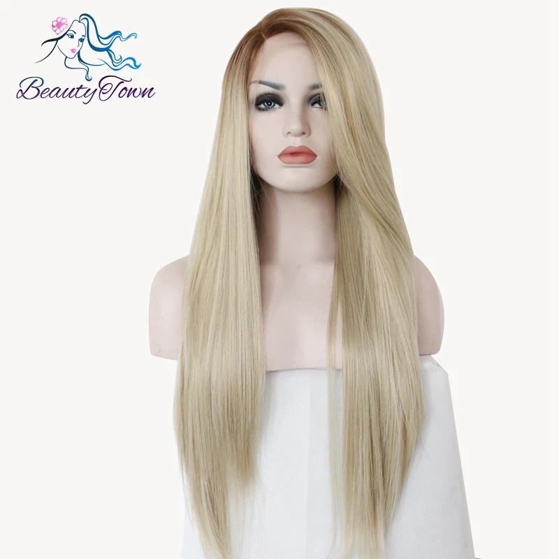 

BeautyTown Brown Ombre Blonde Color for Women Daily Makeup Party Hand Tied Heat Resistant Straight Synthetic Lace Front Wigs